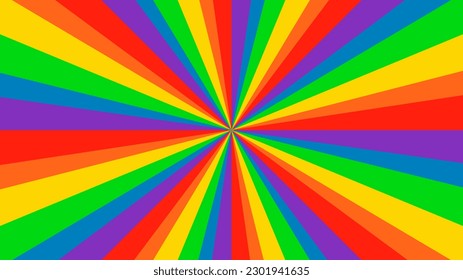 Background BG Rainbow Swirl Twisting Towards Center. LGBT Pride Multicolored Flag Movement. Comic Shining Ray Scene Freedom Event LGBTQ+ Parade.