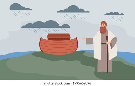 Background With Bible Jewish Patriarch Noah And His Ark, Flat Vector Illustration. The Flood Narrative From Biblical Old Testament Banner On Religious Topic.