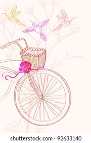 Background with bicycle and birds, vector illustration