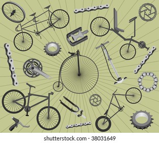 Background with bicycles and spare parts