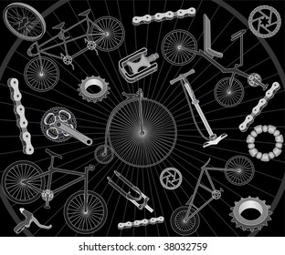 Background with bicycles and spare parts