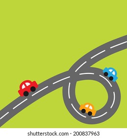 Background with big loop road and cartoon cars. Vector illustration