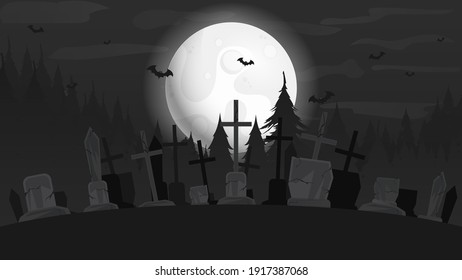 Background with the big moon and cemetery, vector. Background for Halloween.