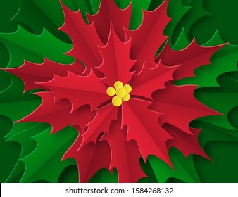 Background with a big red flower in the center. Christmas poster in paper art style. Poinsetia with green and red leaves.