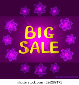 Background big sale. Bright illustration in gold and lilac colors. Vector illustration with snowflakes.