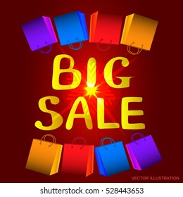 Background big sale. Bright illustration in different colors with set bags for shopping.  Vector illustration.