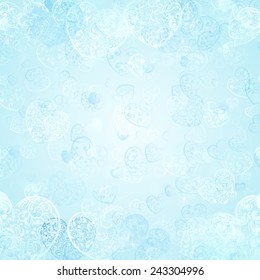 Background of big and small hearts with curls, in light blue colors