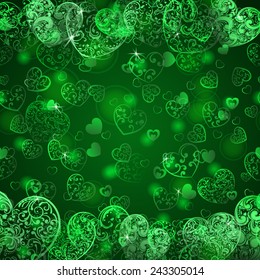 Background of big and small hearts with curls, in dark green colors