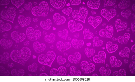 Background of big and small hearts with ornament of curls, flowers and leaves, in purple colors
