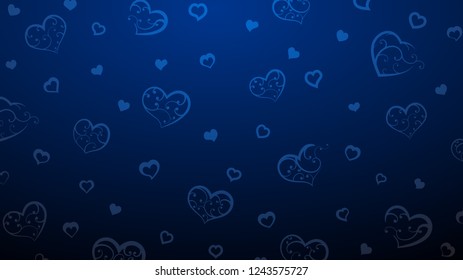 Background of big and small hearts with ornament of curls, in blue colors