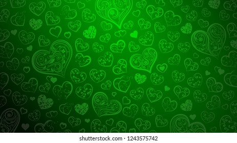 Background of big and small hearts with ornament of curls and flowers, in green colors