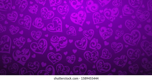 Background of big and small hearts with ornament of curls, in purple colors