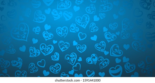 Background of big and small hearts with ornament of curls, in light blue colors