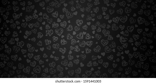 Background of big and small hearts with ornament of curls, in black colors