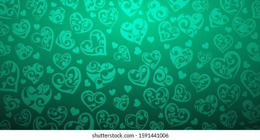 Background of big and small hearts with ornament of curls, in turquoise colors