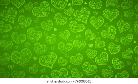 Background of big and small hearts with ornament of curls, flowers and leaves, in green colors