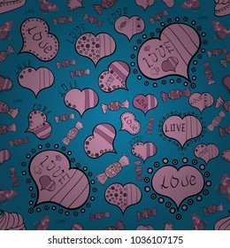 Background of big and small hearts with swirls in blue, pink and black colors. Vector illustration. Seamless Love pattern. Love background.