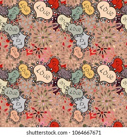 Background of big and small hearts with swirls in neutral, beige and gray colors. Seamless Love pattern. Love background. Vector illustration.