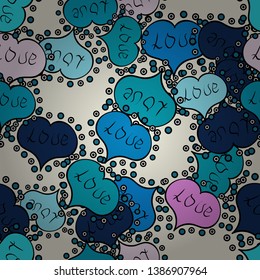 Background of big and small hearts with swirls in blue and neutral colors. Vector illustration. Love background. Seamless Love pattern.