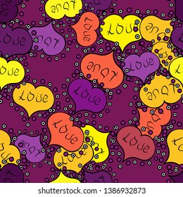 Background of big and small hearts with swirls in purple and yellow colors. Vector illustration. Love background. Seamless Love pattern.