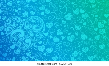 Background of big and small hearts with swirls in light blue colors