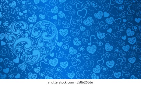 Background of big and small hearts with swirls in light blue colors