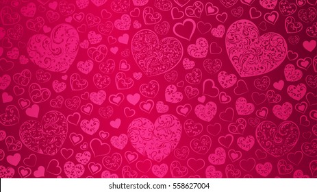 Background of big and small hearts with swirls in pink colors