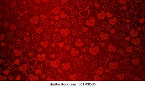Background of big and small hearts with swirls in red colors.