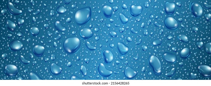 Background of big and small realistic water drops in blue colors