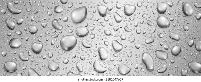 Background of big and small realistic water drops in gray colors