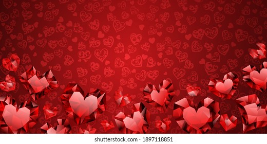 Background of big, small and several crystal hearts in red colors. Illustration on Valentine Day