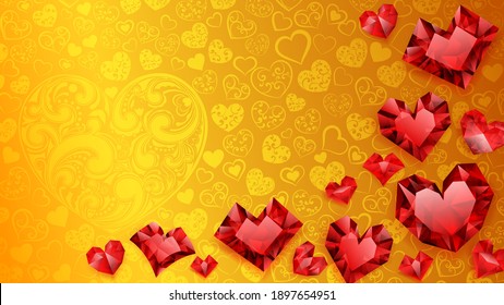 Background of big, small and several crystal hearts, red on yellow. Illustration on Valentine Day