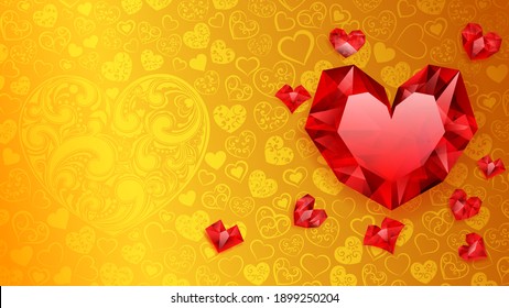 Antecedentes de grandes, pequeños y varios corazones de cristal, rojo sobre amarillo. Ilustración en San Valentín