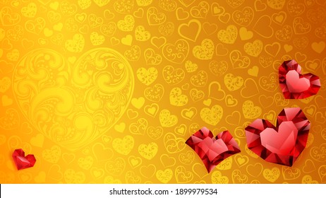 Hintergrund großer, kleiner und mehrerer Kristallherzen, rot auf Gelb. Illustration am Valentinstag