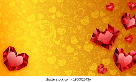 Background of big, small and several crystal hearts, red on yellow. Illustration on Valentine Day
