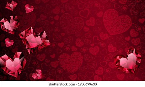 Background of big, small and several crystal hearts in red colors. Illustration on Valentine Day