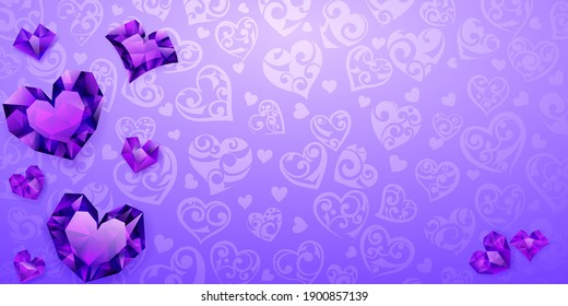 Fondo de grandes, pequeños y varios corazones de cristal en colores violeta. Ilustración en San Valentín