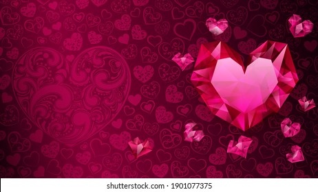 Background of big, small and several crystal hearts in red colors. Illustration on Valentine Day