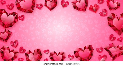 Background of big, small and several crystal hearts, red on pink. Illustration on Valentine Day