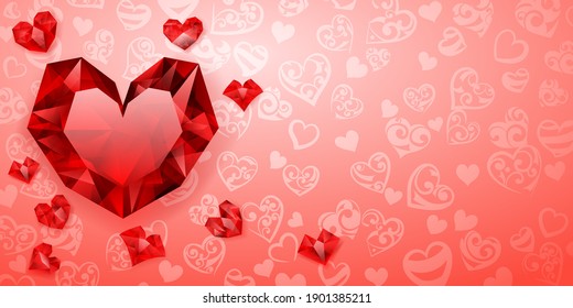 Background of big, small and several crystal hearts, red on pink. Illustration on Valentine Day