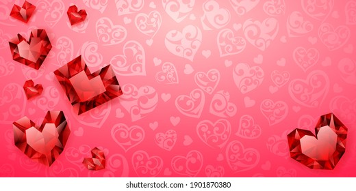 Hintergrund großer, kleiner und mehrerer Kristallherzen, rot auf Rosa. Illustration am Valentinstag