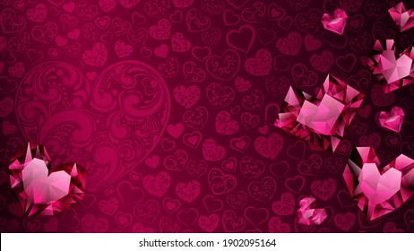 Fondo de grandes, pequeños y varios corazones de cristal en colores rojos. Ilustración en San Valentín