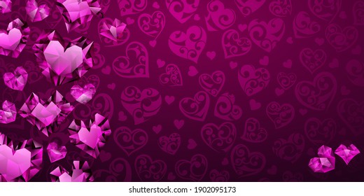 Background of big, small and several crystal hearts in purple colors. Illustration on Valentine Day