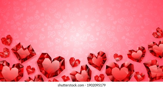 Antecedentes de grandes, pequeños y varios corazones de cristal, rojos sobre rosado. Ilustración en San Valentín