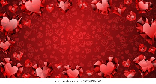 Fondo de grandes, pequeños y varios corazones de cristal en colores rojos. Ilustración en San Valentín