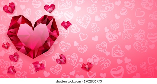 Antecedentes de grandes, pequeños y varios corazones de cristal, rojos sobre rosado. Ilustración en San Valentín