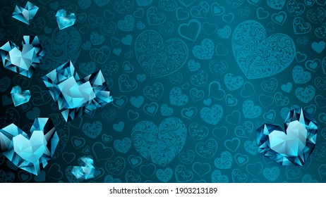 Background of big, small and several crystal hearts in light blue colors. Illustration on Valentine Day