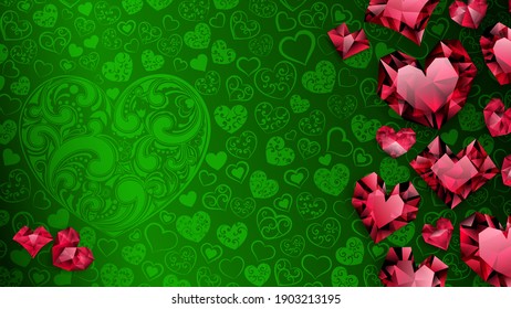 Background of big, small and several crystal hearts, red on green. Illustration on Valentine Day