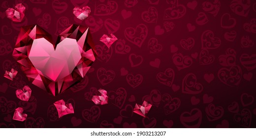 Fondo de grandes, pequeños y varios corazones de cristal en colores rojos. Ilustración en San Valentín