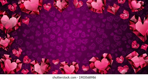 Antecedentes de grandes, pequeños y varios corazones de cristal, rojo sobre morado. Ilustración en San Valentín